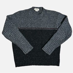 VTG J.Crew Mens Medium Chunky Knit Crewneck Sweater Grey Black Stripe 100% Wool